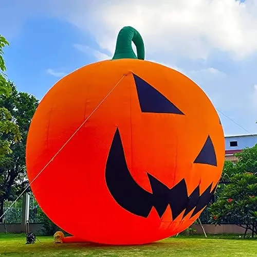 Inflatable pumpkin seen from a three-quarter angle