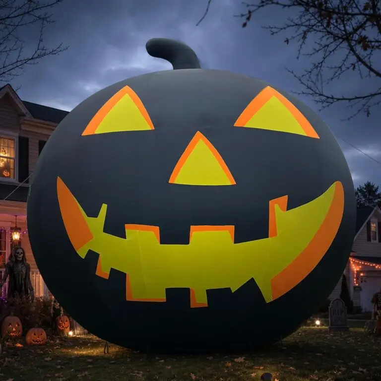 Lighted inflatable jack-o-lantern glowing in a yard at night