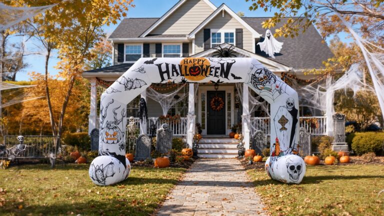 White inflatable HALLOWEEN archway over the walkway of a decorated house