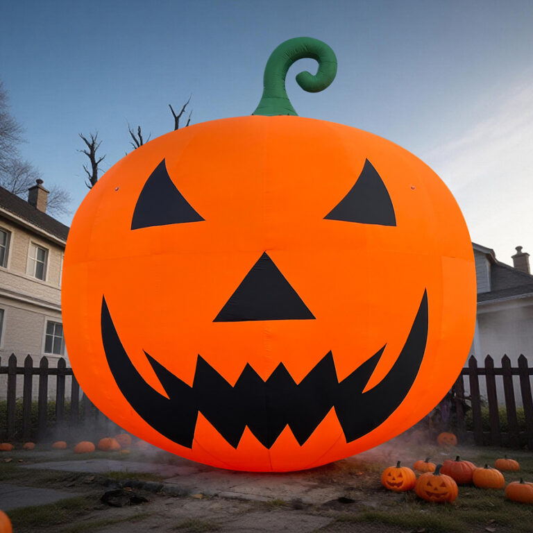 Giant inflatable jack-o-lantern set up in a front yard on a fall day