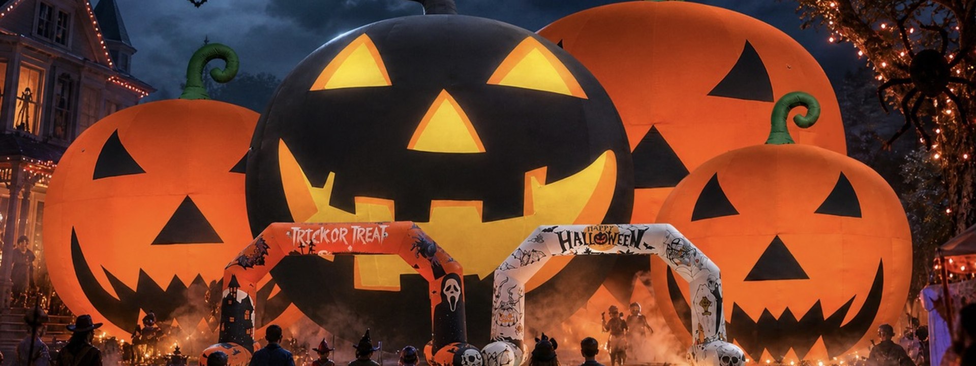 Giant inflatable OZIS Halloween pumpkins and arches glowing in a haunted front-yard scene at night
